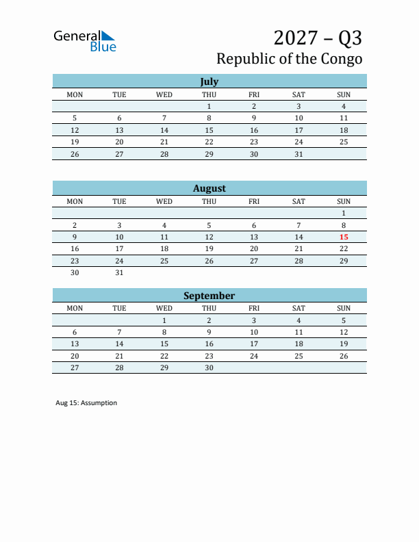 Three-Month Planner for Q3 2027 with Holidays - Republic of the Congo