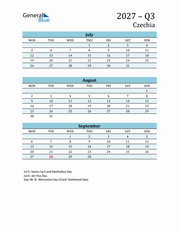 Three-Month Planner for Q3 2027 with Holidays - Czechia