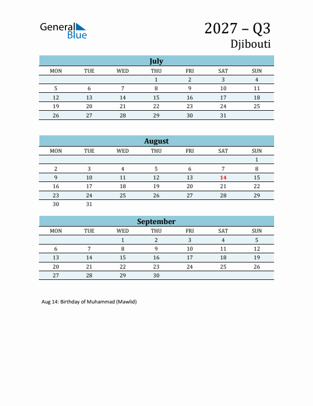 Three-Month Planner for Q3 2027 with Holidays - Djibouti