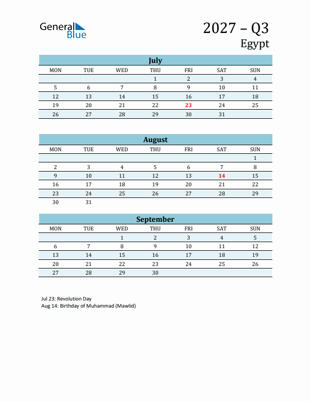 Three-Month Planner for Q3 2027 with Holidays - Egypt