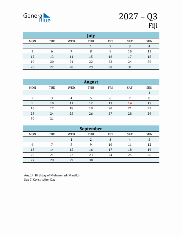 Three-Month Planner for Q3 2027 with Holidays - Fiji