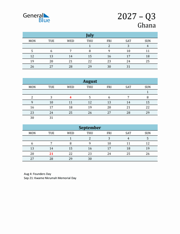 Three-Month Planner for Q3 2027 with Holidays - Ghana