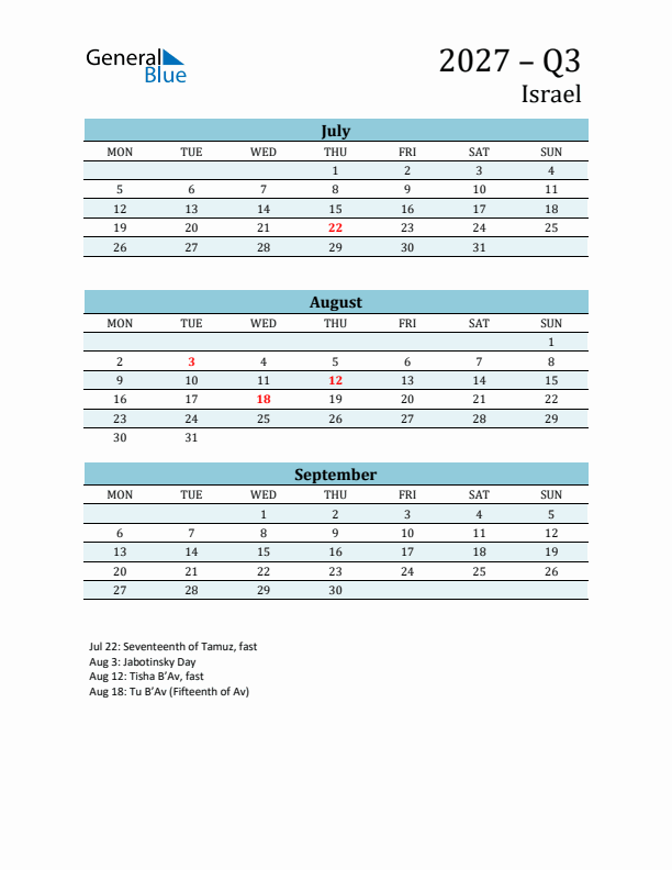 Three-Month Planner for Q3 2027 with Holidays - Israel
