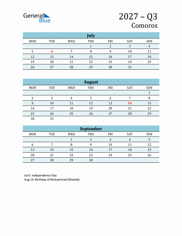 Three-Month Planner for Q3 2027 with Holidays - Comoros