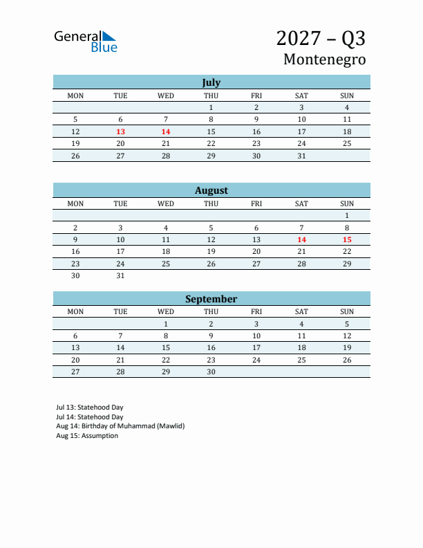 Three-Month Planner for Q3 2027 with Holidays - Montenegro