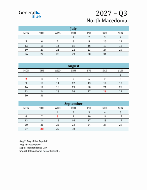 Three-Month Planner for Q3 2027 with Holidays - North Macedonia