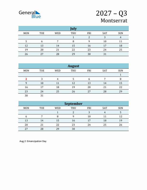 Three-Month Planner for Q3 2027 with Holidays - Montserrat