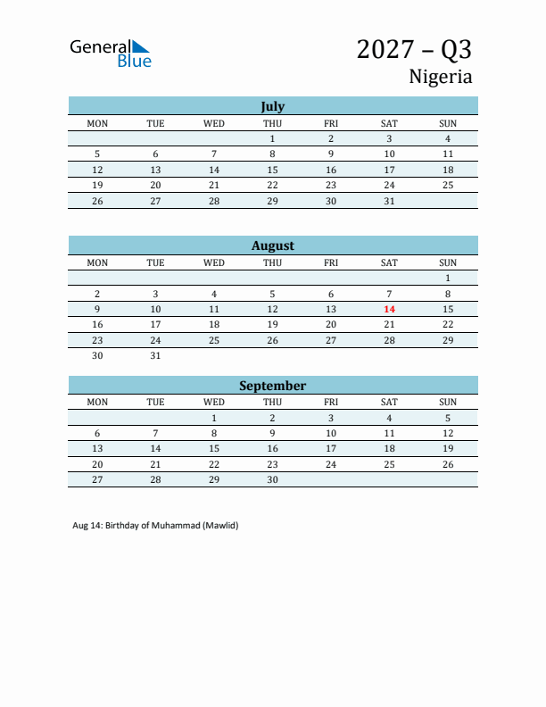 Three-Month Planner for Q3 2027 with Holidays - Nigeria