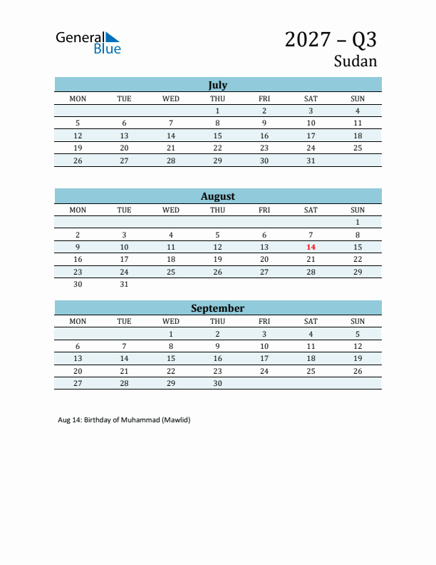 Three-Month Planner for Q3 2027 with Holidays - Sudan