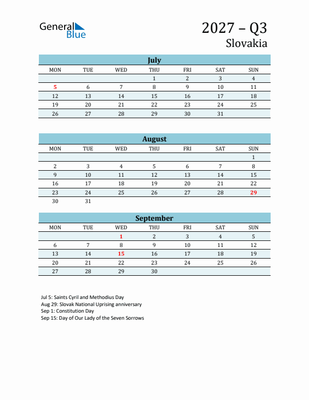 Three-Month Planner for Q3 2027 with Holidays - Slovakia