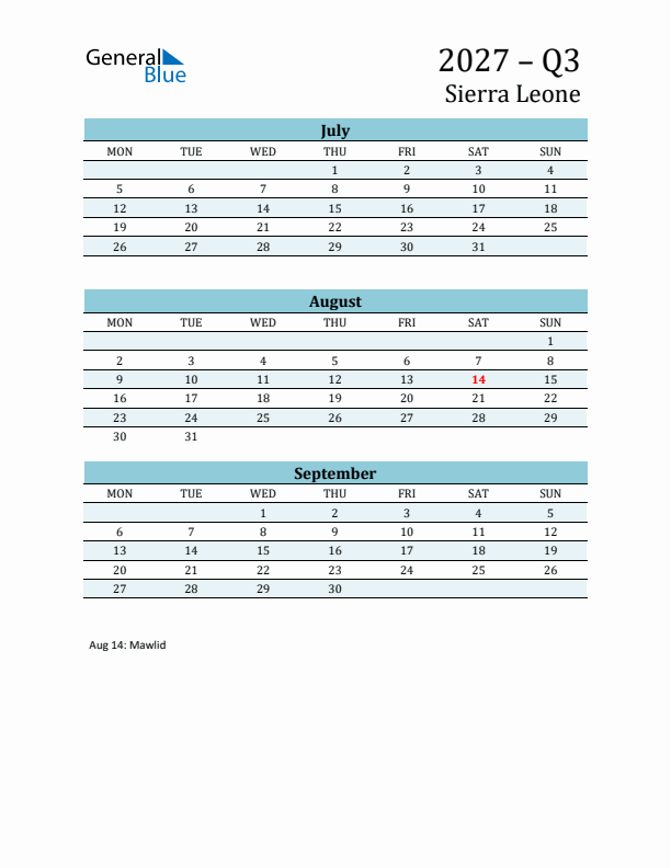 Three-Month Planner for Q3 2027 with Holidays - Sierra Leone
