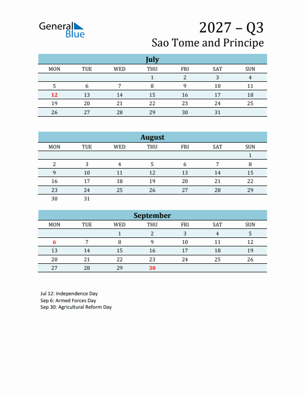 Three-Month Planner for Q3 2027 with Holidays - Sao Tome and Principe