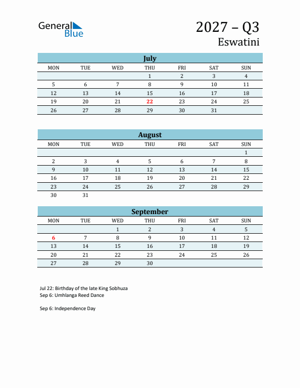 Three-Month Planner for Q3 2027 with Holidays - Eswatini