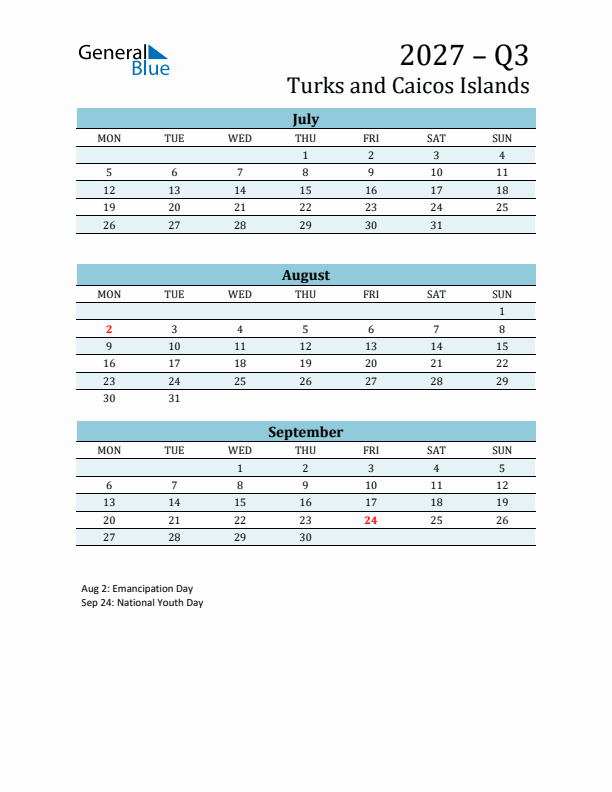 Three-Month Planner for Q3 2027 with Holidays - Turks and Caicos Islands