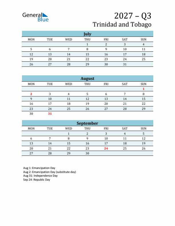 Three-Month Planner for Q3 2027 with Holidays - Trinidad and Tobago