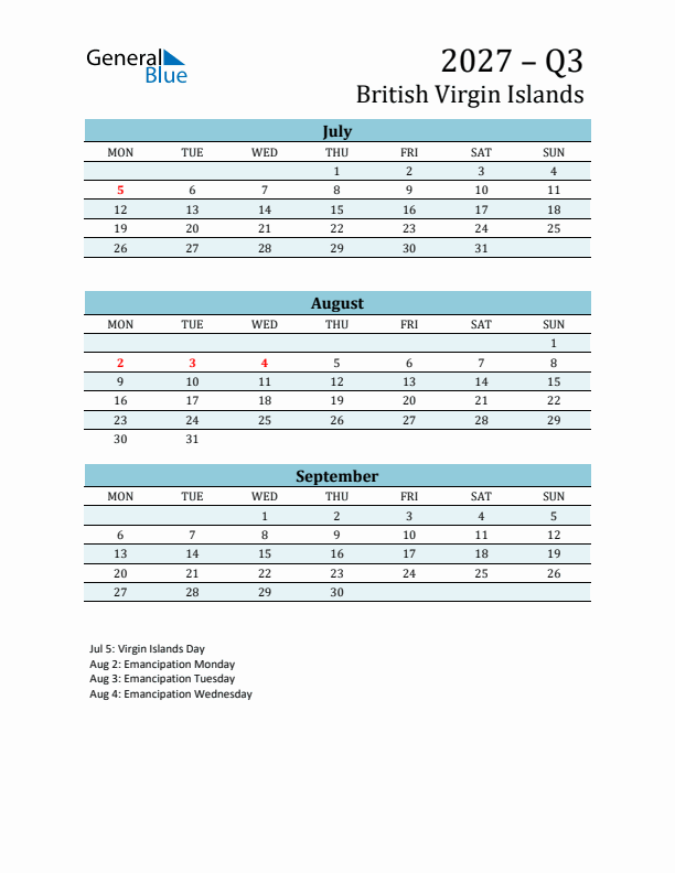 Three-Month Planner for Q3 2027 with Holidays - British Virgin Islands