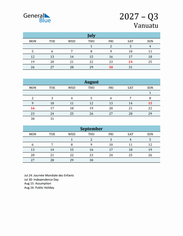 Three-Month Planner for Q3 2027 with Holidays - Vanuatu