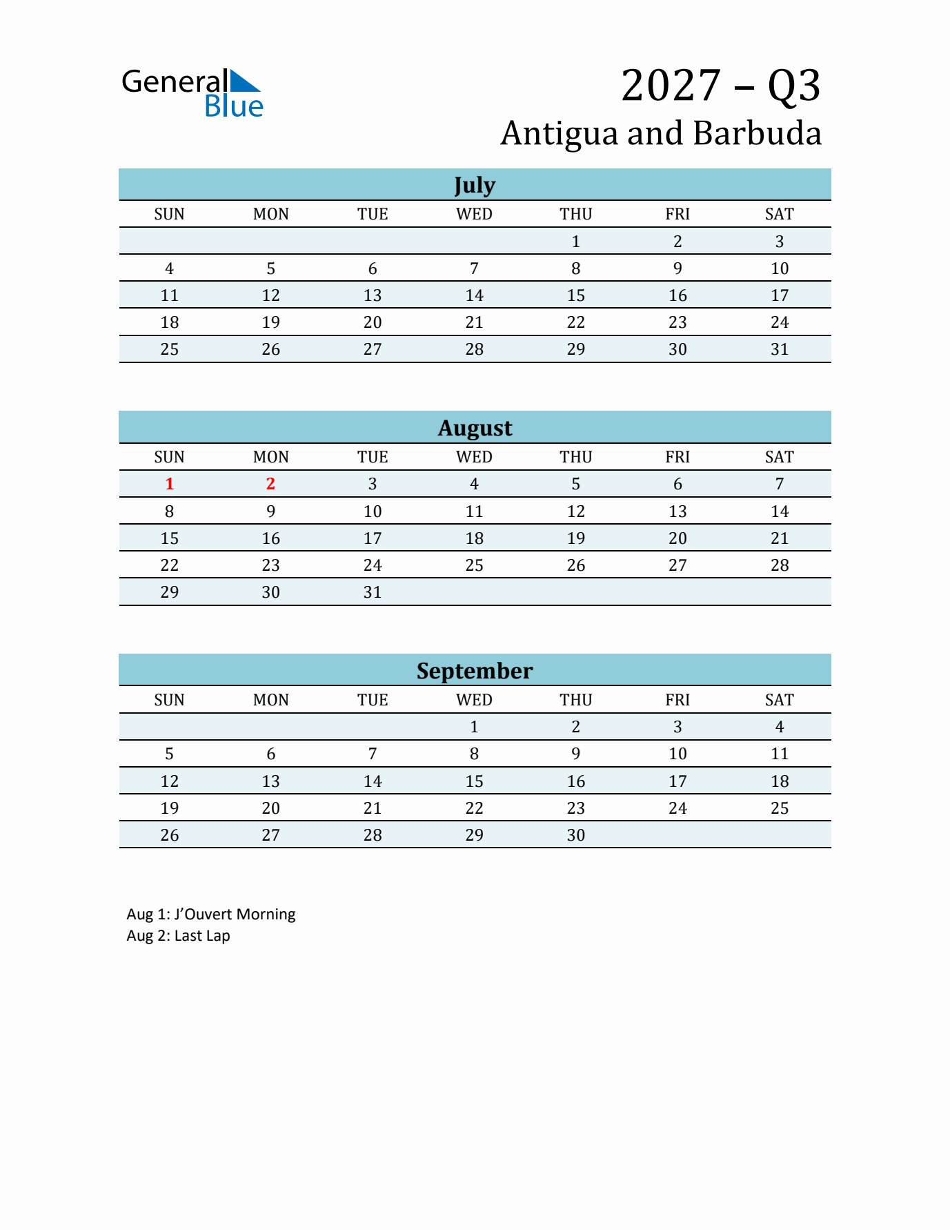 Three-Month Planner for Q3 2027 with Holidays - Antigua and Barbuda