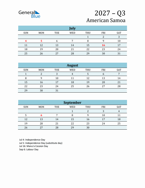 Three-Month Planner for Q3 2027 with Holidays - American Samoa