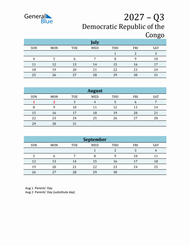 Three-Month Planner for Q3 2027 with Holidays - Democratic Republic of the Congo