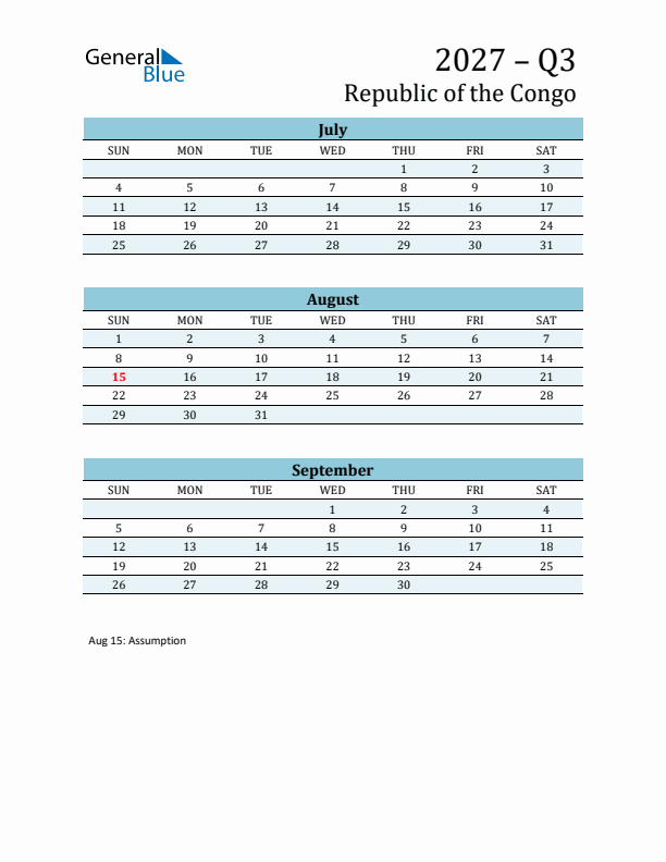 Three-Month Planner for Q3 2027 with Holidays - Republic of the Congo