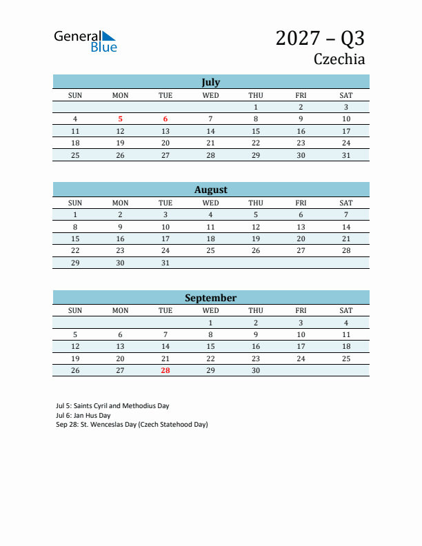 Three-Month Planner for Q3 2027 with Holidays - Czechia