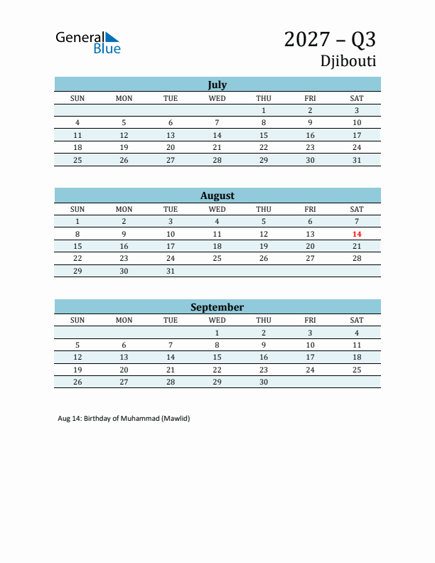 Three-Month Planner for Q3 2027 with Holidays - Djibouti