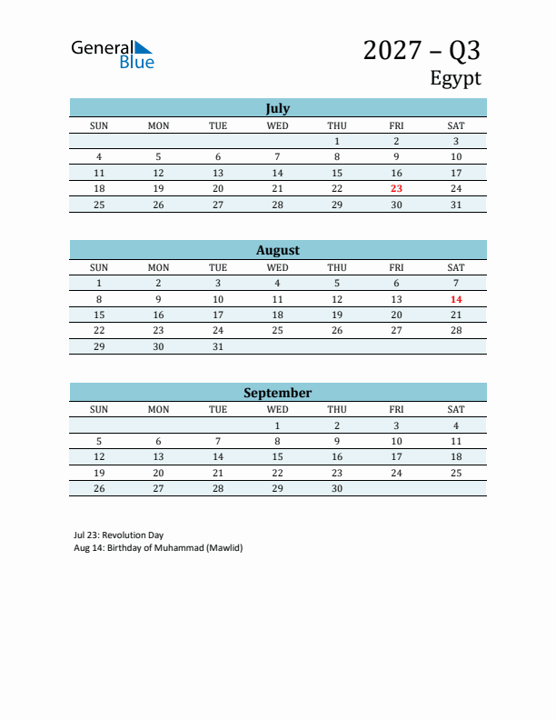 Three-Month Planner for Q3 2027 with Holidays - Egypt