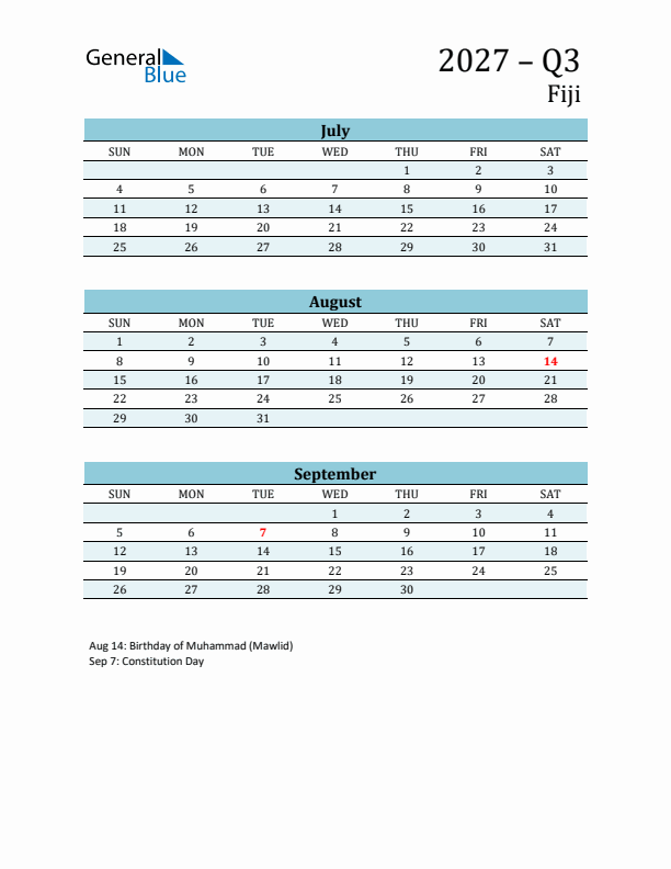 Three-Month Planner for Q3 2027 with Holidays - Fiji