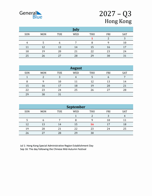 Three-Month Planner for Q3 2027 with Holidays - Hong Kong
