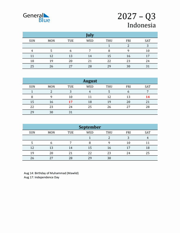 Three-Month Planner for Q3 2027 with Holidays - Indonesia