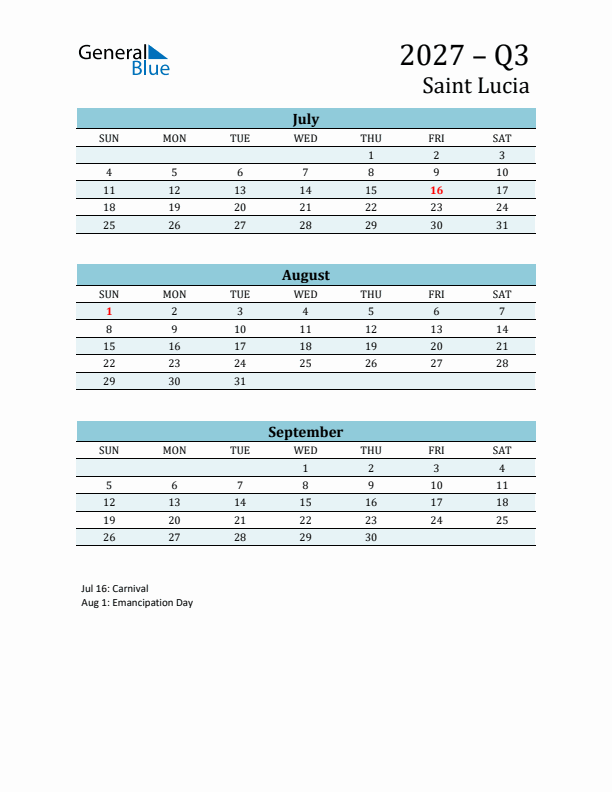 Three-Month Planner for Q3 2027 with Holidays - Saint Lucia