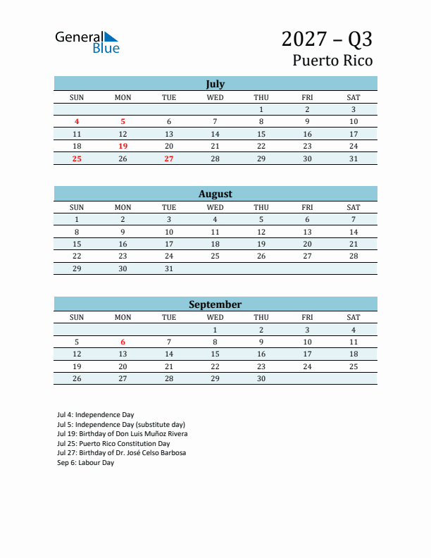 Three-Month Planner for Q3 2027 with Holidays - Puerto Rico