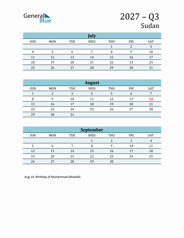 Three-Month Planner for Q3 2027 with Holidays - Sudan