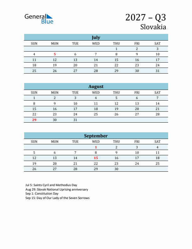 Three-Month Planner for Q3 2027 with Holidays - Slovakia