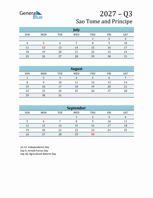 Three-Month Planner for Q3 2027 with Holidays - Sao Tome and Principe