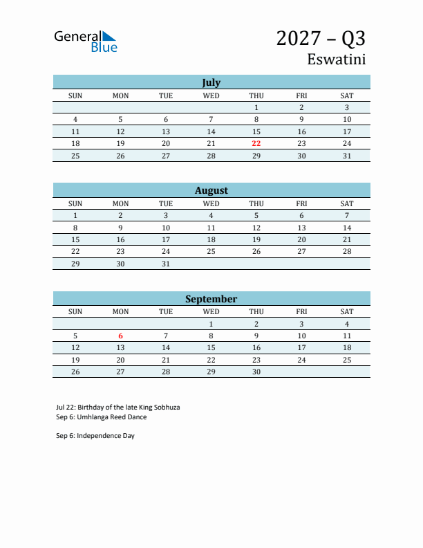 Three-Month Planner for Q3 2027 with Holidays - Eswatini