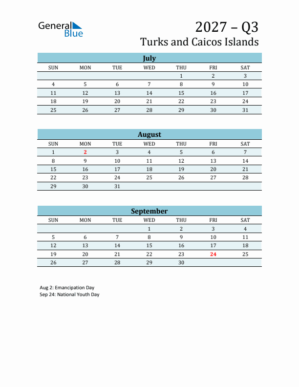 Three-Month Planner for Q3 2027 with Holidays - Turks and Caicos Islands