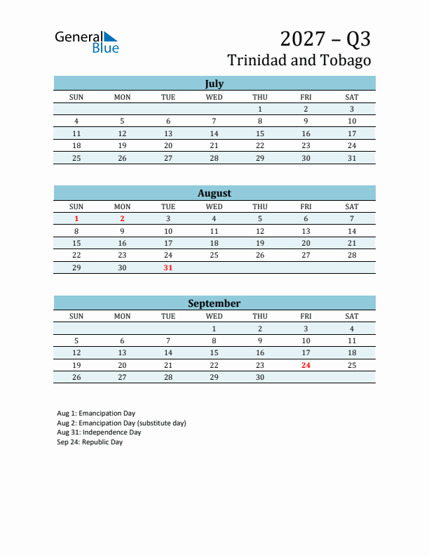 Three-Month Planner for Q3 2027 with Holidays - Trinidad and Tobago