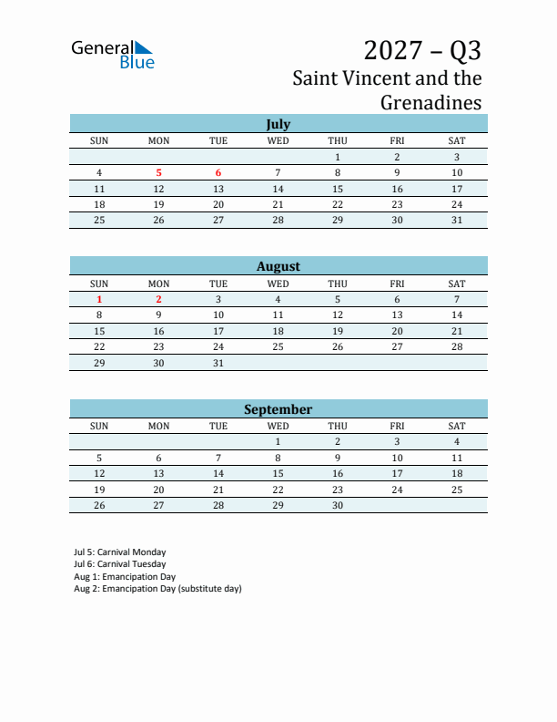 Three-Month Planner for Q3 2027 with Holidays - Saint Vincent and the Grenadines