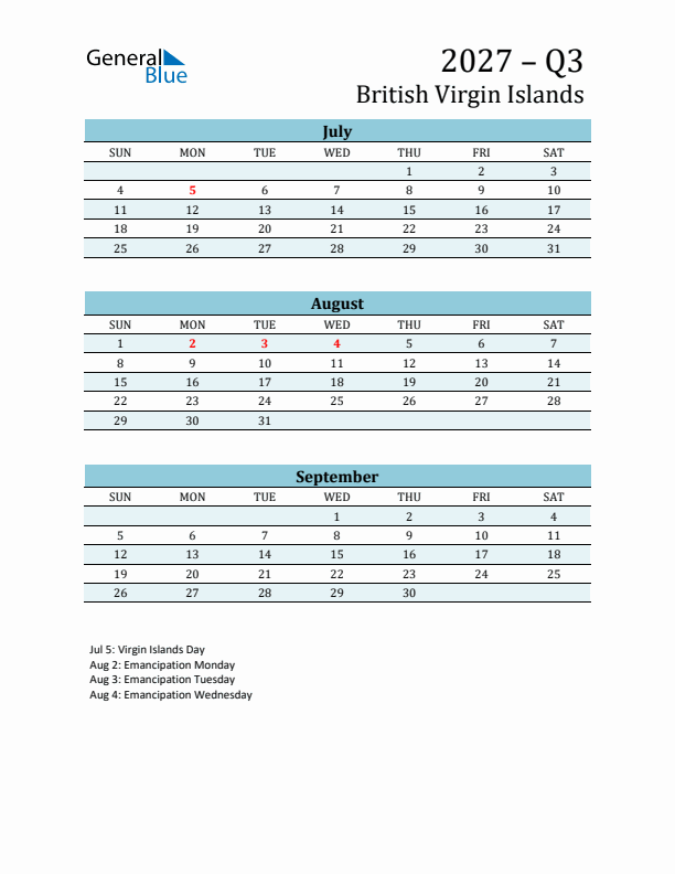 Three-Month Planner for Q3 2027 with Holidays - British Virgin Islands