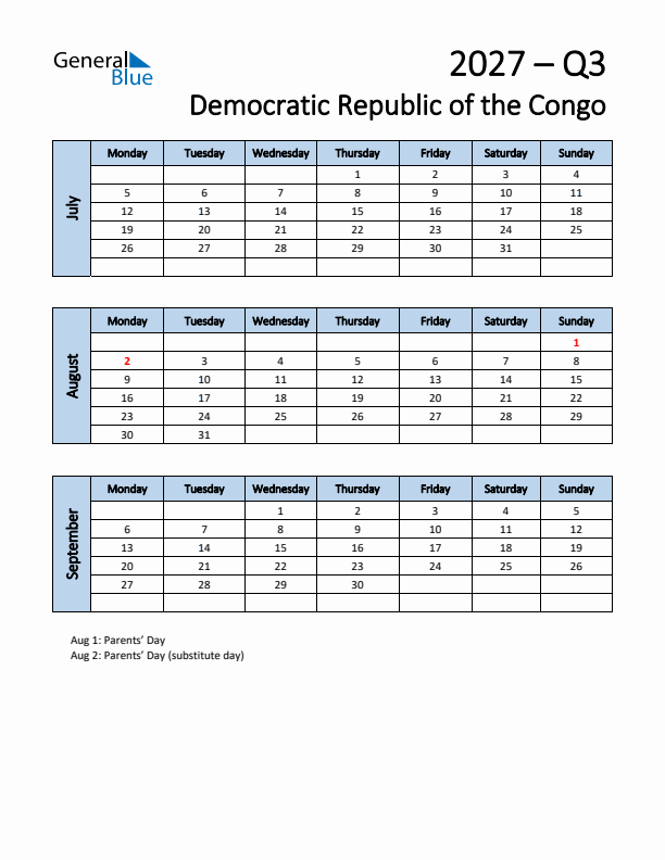 Free Q3 2027 Calendar for Democratic Republic of the Congo - Monday Start