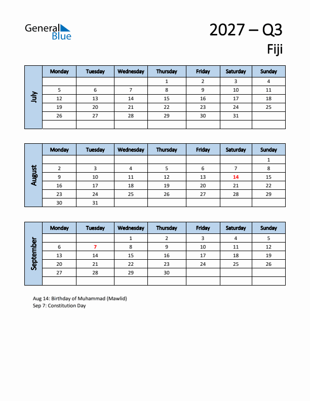 Free Q3 2027 Calendar for Fiji - Monday Start