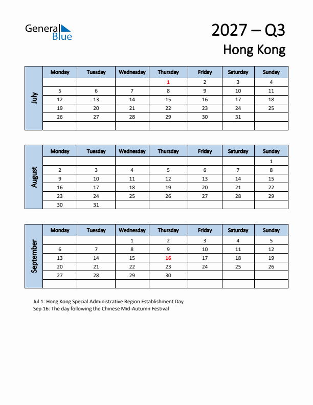 Free Q3 2027 Calendar for Hong Kong - Monday Start