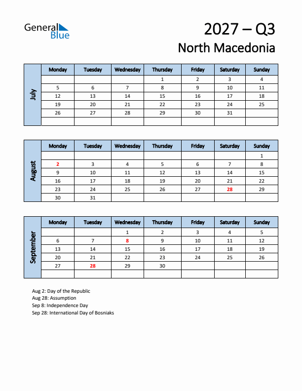 Free Q3 2027 Calendar for North Macedonia - Monday Start