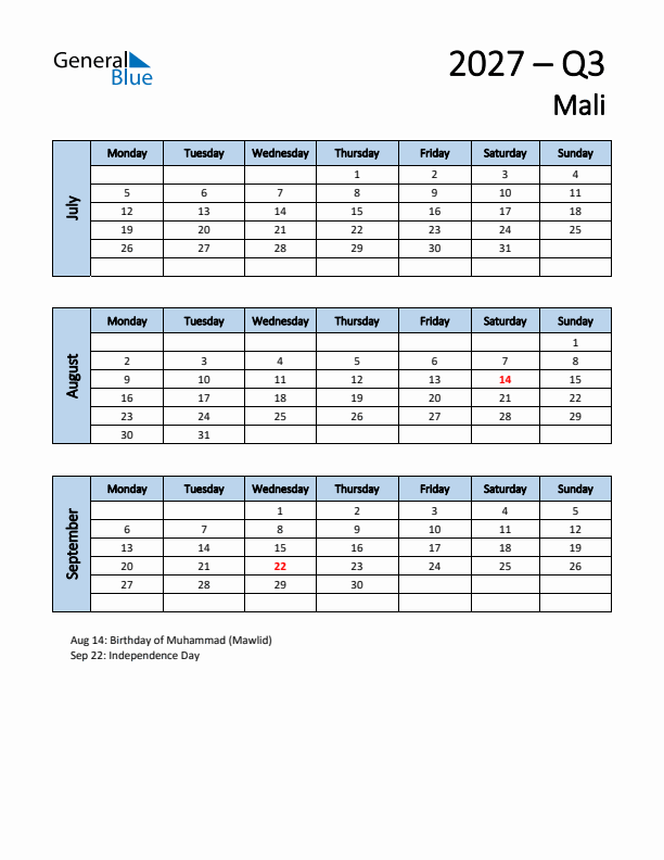 Free Q3 2027 Calendar for Mali - Monday Start