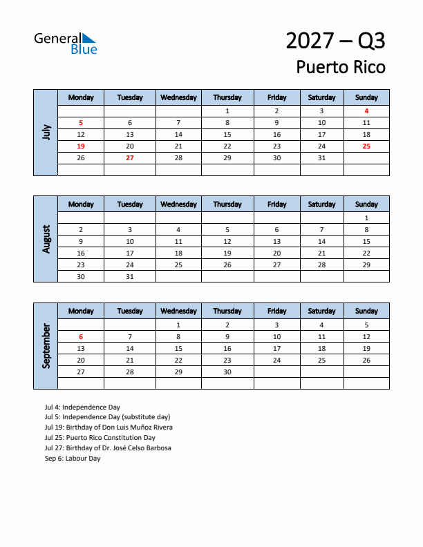 Free Q3 2027 Calendar for Puerto Rico - Monday Start