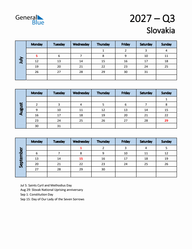 Free Q3 2027 Calendar for Slovakia - Monday Start