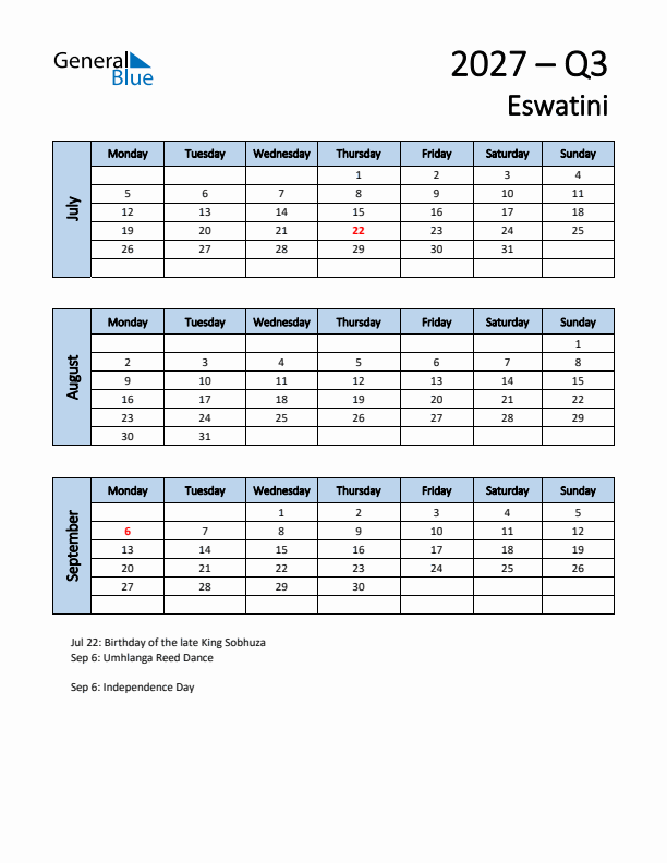 Free Q3 2027 Calendar for Eswatini - Monday Start
