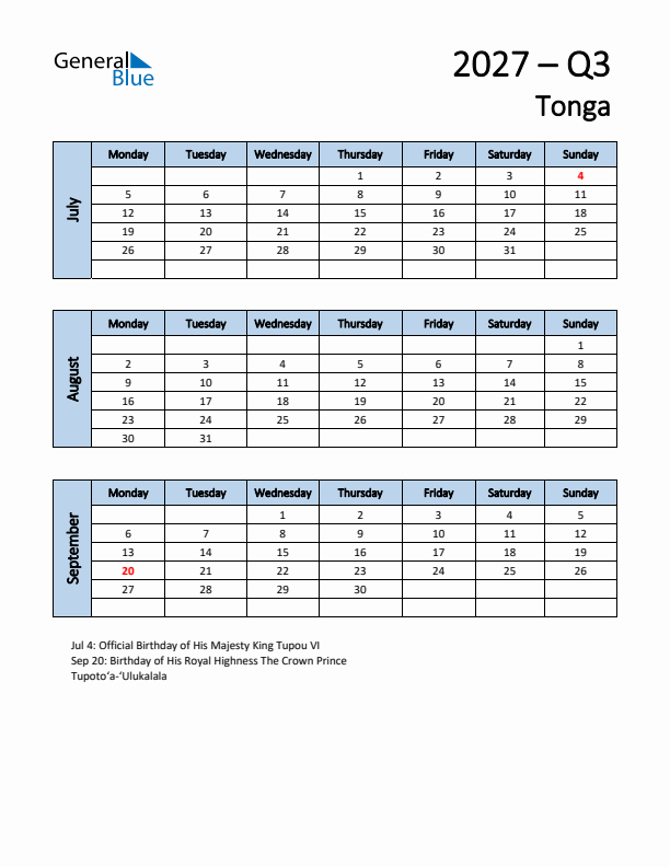 Free Q3 2027 Calendar for Tonga - Monday Start